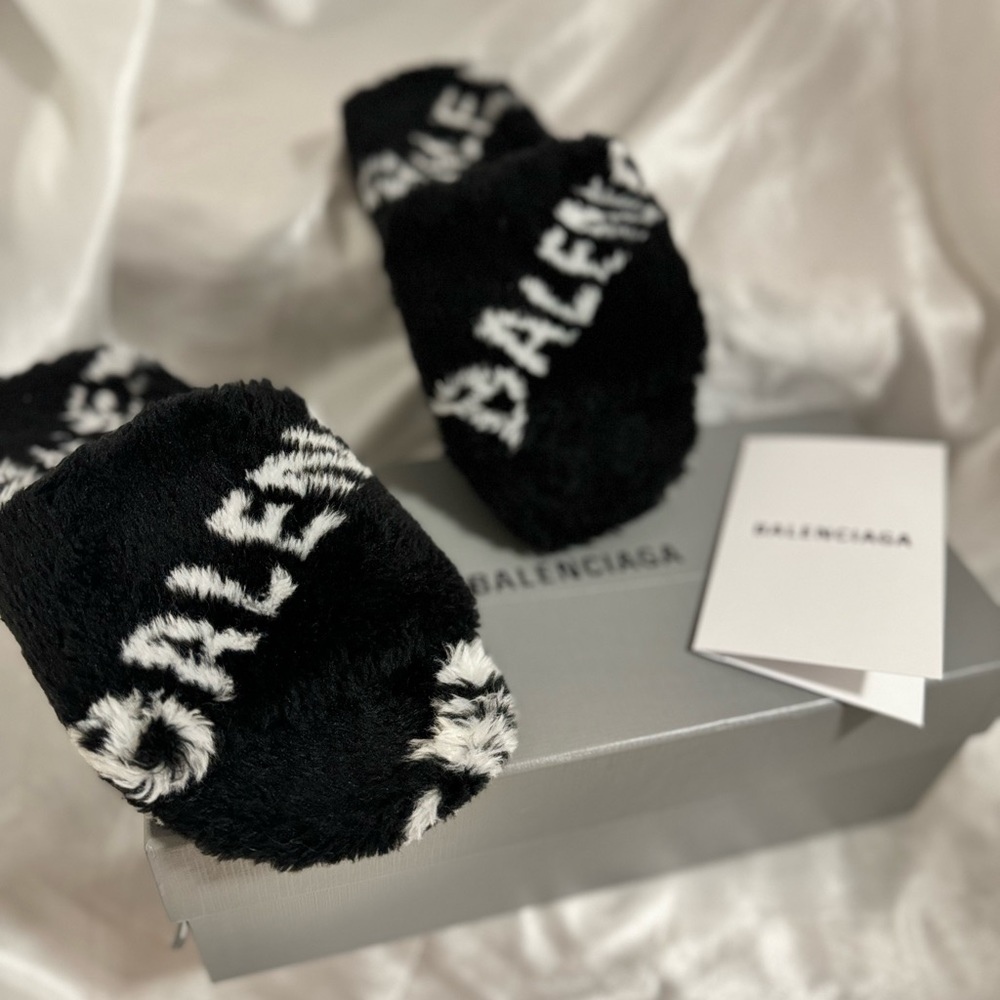 Balenciaga Allover Logo Black Furry Slide Sandal